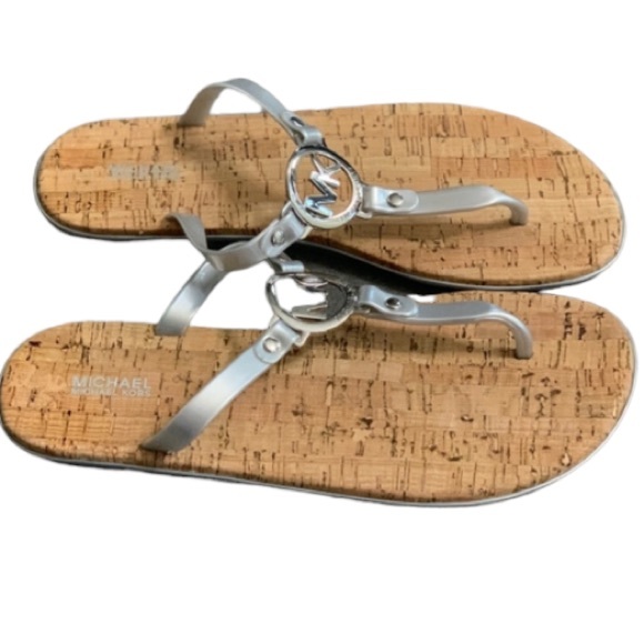 Michael Kors | Shoes | Michael Kors Mk Charm Jelly Flip Flop Cork Bottom Sz  Silver Logo | Poshmark